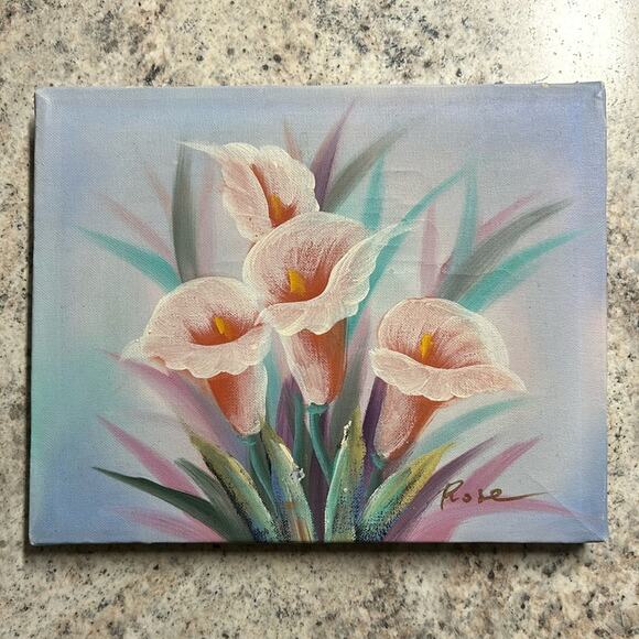 Original acrylic Painting- pink Callie Lillie’s - unframed, vintage wear, damage - Picture 11 of 14